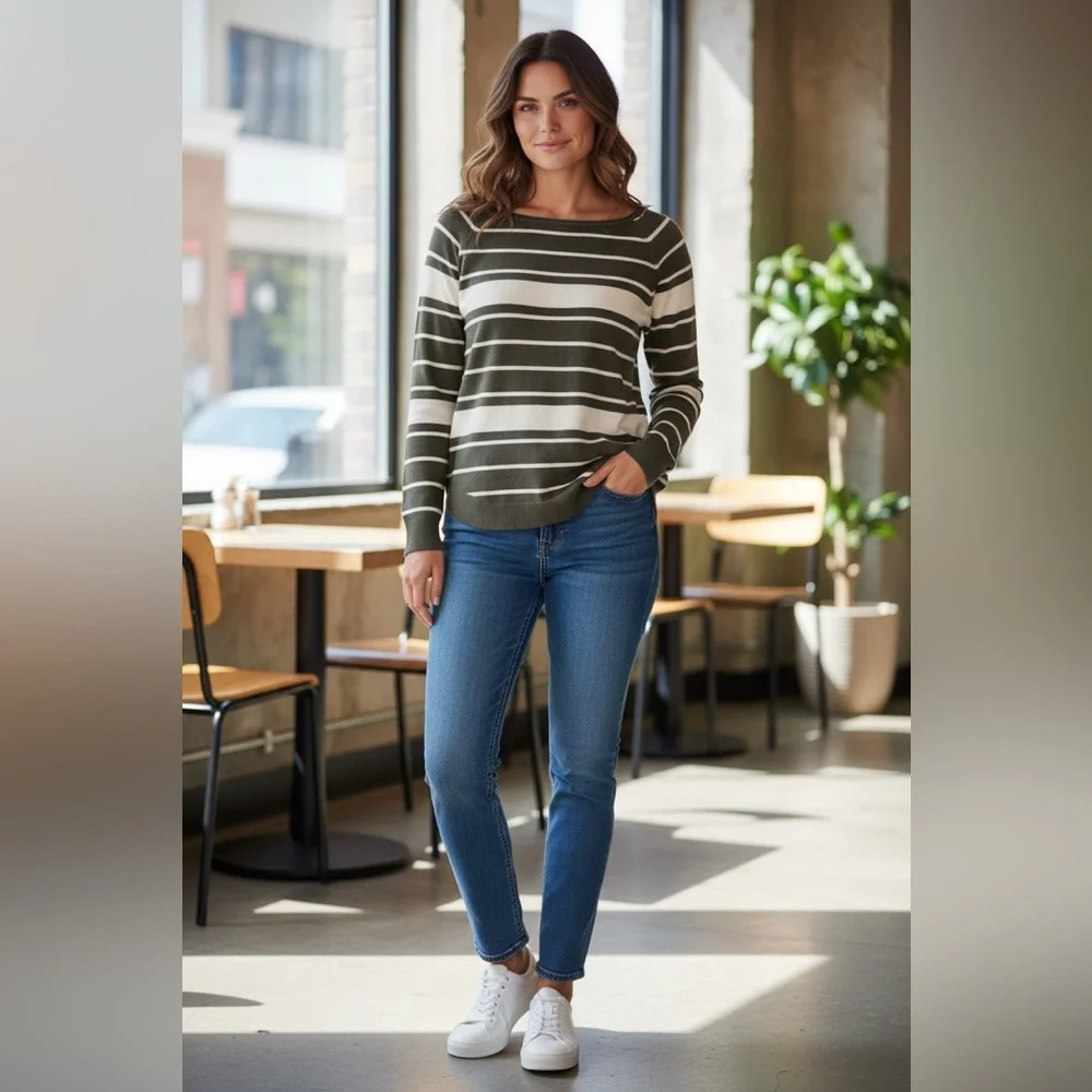 Pink Clover Stitch Fix Valencia Curved Hem‎ Sweater Olive Green Stripe Medium